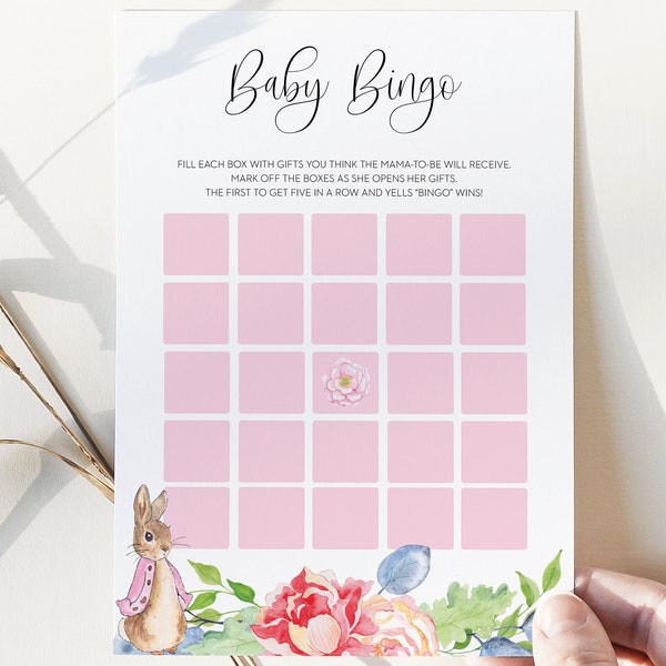 baby bingo game card // peter rabbit baby shower, pink peter rabbit, blush pink floral, printable baby shower game