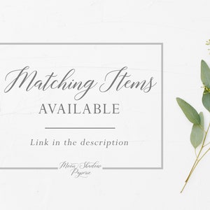 May include: A white background with a gray rectangle containing the text "Matching Items AVAILABLE Link in the description Moon Shadow Paperie". A sprig of eucalyptus with green leaves is in the upper right corner of the image.
