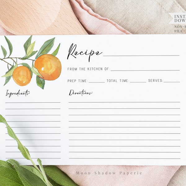 carte de recette imprimable / oranges douche nuptiale, agrumes, douche nuptiale, douche de mariage, thème orange, cartes de recette imprimables