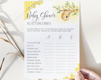 gioco di scattergories baby shower // baby shower delle api, tema delle api, neutro di genere, api, nido d'ape, gioco di baby shower stampabile