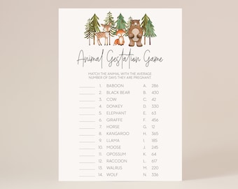 animal gestation game // woodland baby shower, woodland animals, gender neutral, baby boy, trees forest, printable baby shower game