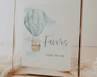 placa de favores // chá de bebê em balão de ar quente, para cima e para longe, a aventura o aguarda, azul, menino, placa para chá de bebê para impressão