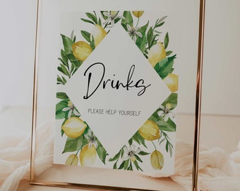 drinks sign // lemon baby shower, lemons, citrus, lemon theme, gender neutral, bridal shower, printable baby shower sign