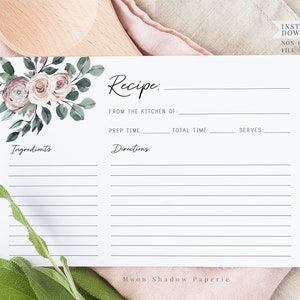 Printable Recipe Card // Floral Recipe Card, Roses, Pink Floral ...