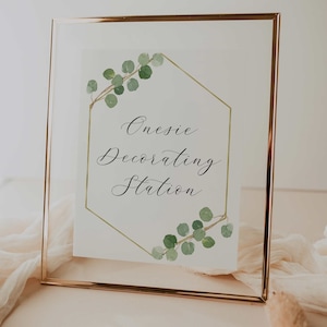 placa de estação de decoração de macacão // chá de bebê dourado de eucalipto, aquarela verde, gênero neutro, floral verde, boho, placa de chá de bebê