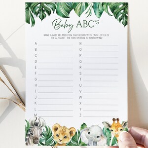 baby abc&#39;s game // jungle baby shower, jungle animals, safari, greenery, printable baby shower games