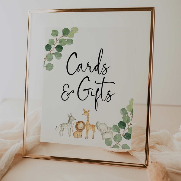 cards and gifts sign // jungle baby shower, jungle animals, safari, greenery, gender neutral, printable baby shower sign