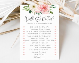 May include: A printable bridal shower game with a floral design and the text "Would She Rather?"  The game asks questions about the bride-to-be, such as "Sleep in late or get up early?" and "Chocolate or vanilla?"