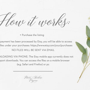 May include: A white background with text explaining how to access digital files after purchase on Etsy. The text includes the Etsy website address and instructions for downloading files on a mobile browser or PC. A sprig of eucalyptus leaves is in the bottom right corner.