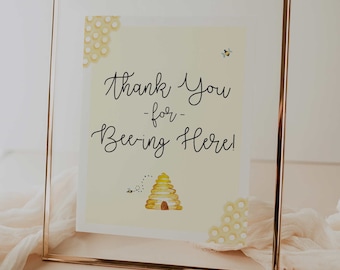 thank you for bee-ing here sign  //  bumble bee baby shower, baby shower sign, watercolor bees, yellow, gender neutral, bee baby shower sign