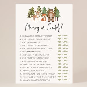 May include: A printable game for a baby shower with the text "Mommy or Daddy?" and 15 questions about the parents-to-be. The questions are illustrated with green lips and moustaches.