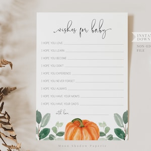 deseos de tarjeta de bebé // baby shower de calabaza, otoño, vegetación de acuarela, eucalipto, género neutro, juego imprimible