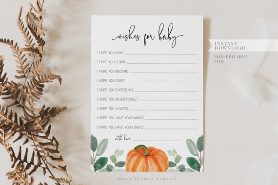 wishes for baby card // pumpkin baby shower, fall autumn, watercolor greenery, eucalyptus, gender neutral, printable game