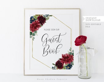 Gästebuch Schild / weinrot floral, merlot, marsala, Baby shower, Brautdusche, Hochzeit, druckbares Baby shower Schild