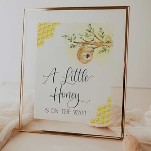 a little honey is on the way sign //  bee baby shower, bee theme, gender neutral, honeycomb, bees, printable baby shower sign