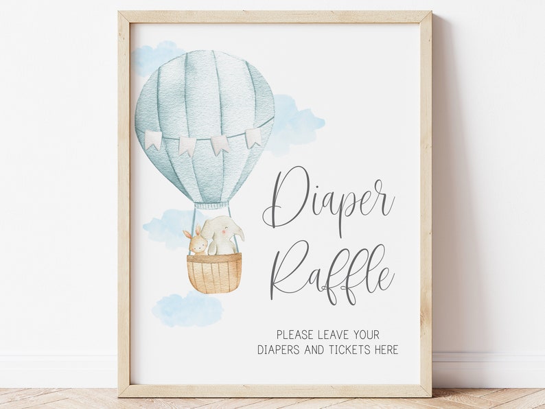 adventure awaits baby boy blue printable baby shower sign diaper raffle sign hot air balloon baby shower up up and away