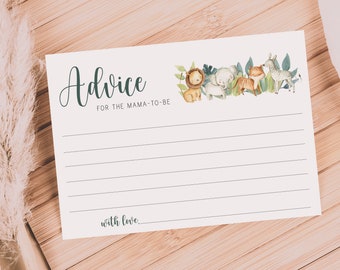 May include: A white card with the text "Advice for the mama-to-be" and a line for writing. The card is decorated with a border of watercolor animals, including a lion, elephant, zebra, and fox.