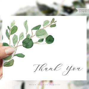 carte de remerciement plate imprimable / eucalyptus gold baby shower, aquarelle verdure, genre neutre, vert floral, boho, baby shower