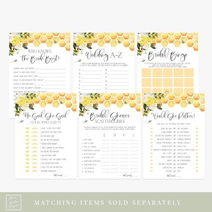 Puede incluir: Un conjunto de juegos de despedida de soltera imprimibles con un patr&oacute;n de panal amarillo y blanco y detalles florales. Los juegos incluyen "&iquest;Qui&eacute;n conoce mejor a la novia?", "Boda A-Z", "Bingo nupcial", "&Eacute;l dijo, ella dijo", "Scattergories de despedida de soltera" y "&iquest;Preferir&iacute;a?"