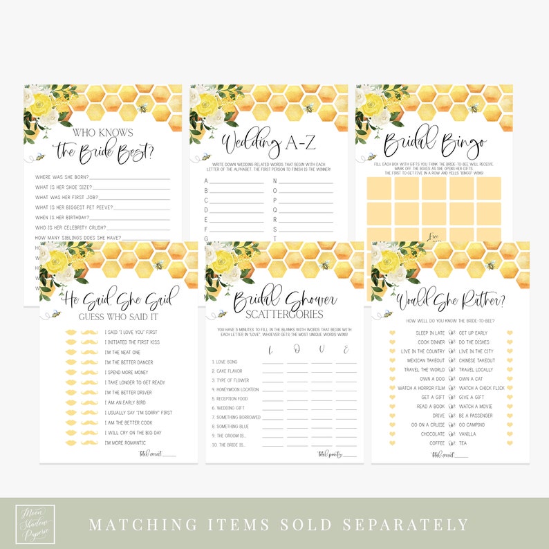 Puede incluir: Un conjunto de juegos de despedida de soltera imprimibles con un patr&oacute;n de panal amarillo y blanco y detalles florales. Los juegos incluyen "&iquest;Qui&eacute;n conoce mejor a la novia?", "Boda A-Z", "Bingo nupcial", "&Eacute;l dijo, ella dijo", "Scattergories de despedida de soltera" y "&iquest;Preferir&iacute;a?"