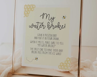 my water broke game sign // bumble bee baby shower theme, watercolor bees, gender neutral, yellow, baby shower sign