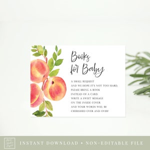 books for baby card // peach baby shower, sweet little peach theme, peaches, baby shower, printable baby request card