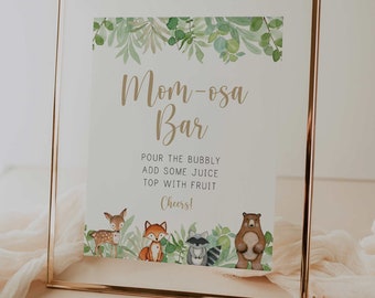 mom-osa mimosa bar sign // woodland baby shower, woodland animals, gender neutral, baby boy, printable baby shower sign