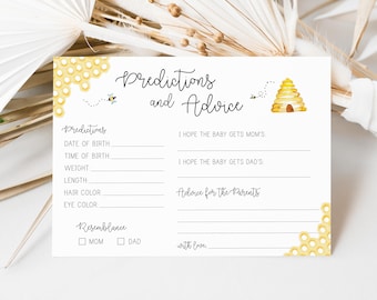 predicciones de bebés y tarjeta de consejos // juego de baby shower de abejas, panal, abejas, género neutro, juego de baby shower imprimible