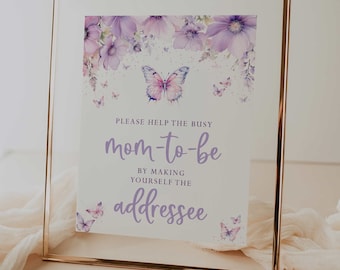 drukowany znak adresata // kwiatowy lawendowy motyl, znak na baby shower, przyjęcie urodzinowe, wieczór panieński, natychmiastowe pobieranie