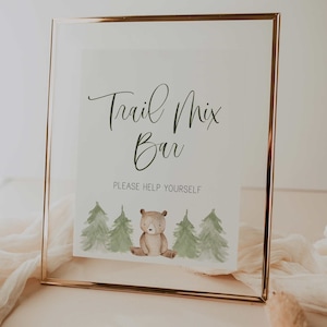 trail mix bar table sign // woodland baby shower, bear, woodland trees, boy, printable baby shower sign