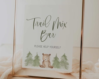 trail mix bar table sign // woodland baby shower, bear, woodland trees, boy, printable baby shower sign