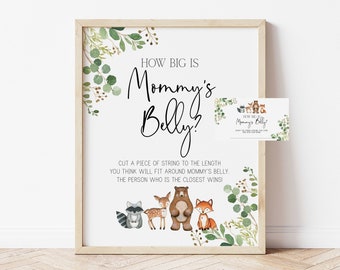 how big is mommy's belly // woodland baby shower, woodland animals, greenery, printable baby shower sign