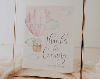 thank you for coming sign // hot air balloon shower theme, up up and away, adventure awaits, watercolor pink, baby girl, baby shower signs