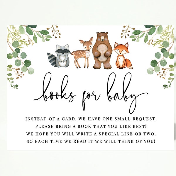 books for baby card // woodland baby shower, woodland animals, greenery, printable book request card