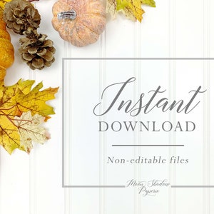 K&ouml;nnte beinhalten: Ein wei&szlig;er Hintergrund mit einem grauen Rahmen um den Text "Sofort-Download" und "Nicht bearbeitbare Dateien". Der Text "Moon Shadow Paperie" ist ebenfalls enthalten. Der Hintergrund ist mit herbstlichen Elementen dekoriert, darunter K&uuml;rbisse, Tannenzapfen und Herbstbl&auml;tter.