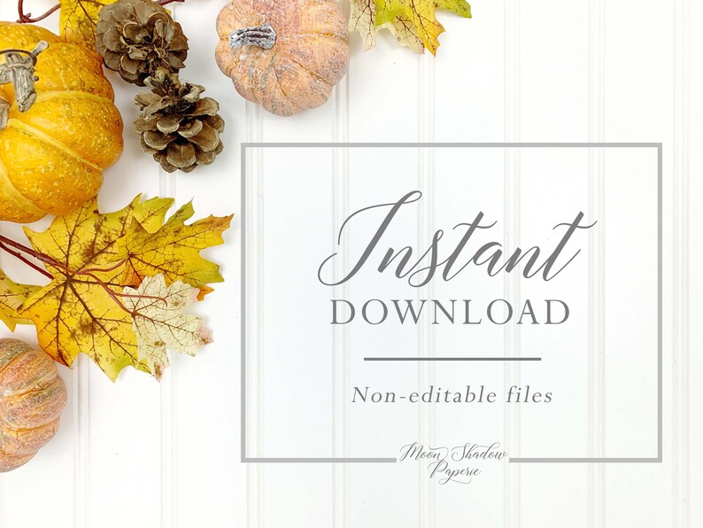 K&ouml;nnte beinhalten: Ein wei&szlig;er Hintergrund mit einem grauen Rahmen um den Text "Sofort-Download" und "Nicht bearbeitbare Dateien". Der Text "Moon Shadow Paperie" ist ebenfalls enthalten. Der Hintergrund ist mit herbstlichen Elementen dekoriert, darunter K&uuml;rbisse, Tannenzapfen und Herbstbl&auml;tter.