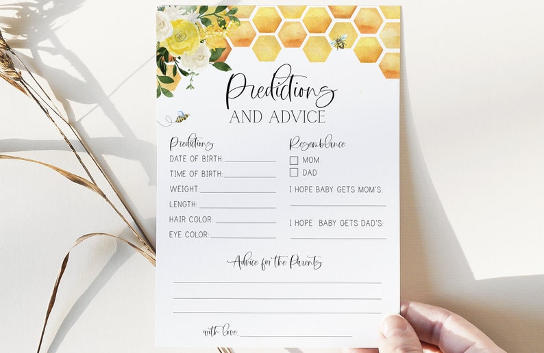 yellow floral bee theme gender neutral bees printable baby shower game baby bee predictions and advice card bee baby shower