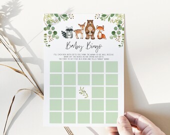 baby bingo game //  woodland baby shower, woodland animals, watercolor greenery, printable baby shower game