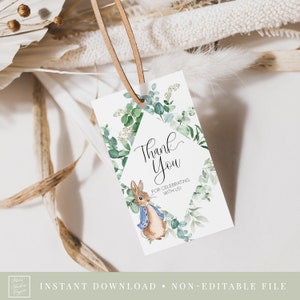 peter rabbit baby shower favor tag thank you tag // gender neutral, baby boy girl, watercolor greenery, bunny rabbit, vintage theme
