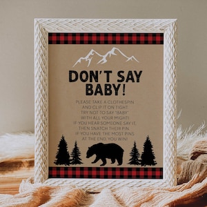 no digas signo de juego de bebé // baby shower de oso leñador, tema de leñador, bosque, cuadros de búfalo, niño, signo de baby shower imprimible