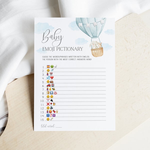baby emoji pictionary game // hot air balloon baby shower, up up and away, adventure awaits, blue, baby boy, printable baby shower game