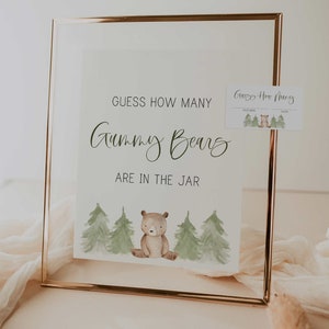 guess how many gummy bears game //  baby shower sign, woodland theme, bear baby shower, baby boy, woodland trees, printable signs
