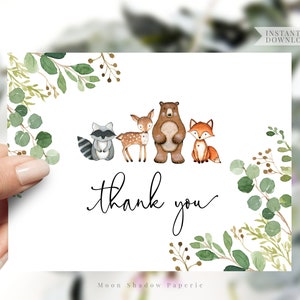 印刷可能なフラットな A2 サイズのサンキュー カード // 森のベビー シャワー、森の動物、緑、誕生日パーティー、印刷可能なサンキュー カード