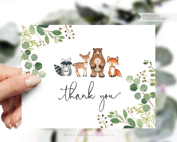 printable flat a2 size thank you card // woodland baby shower, woodland animals, greenery, birthday party, printable thank you card