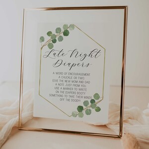 late night diapers sign // eucalyptus gold baby shower, watercolor greenery, gender neutral, green floral, bohemian, baby shower signs