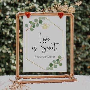 love is sweet sign // bee bridal shower, eucalyptus, gold foil, greenery, green floral, printable bridal shower sign