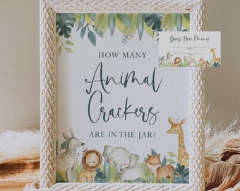 guess how many animal crackers sign and card // jungle animals, safari, baby boy, jungle baby shower theme, baby shower sign, printable sign