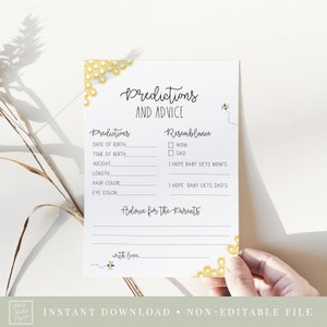 prédictions de bébé et carte de conseils // jeu de baby shower d’abeille, nid d’abeille, abeilles, neutre en termes de genre, jeu de baby shower imprimable