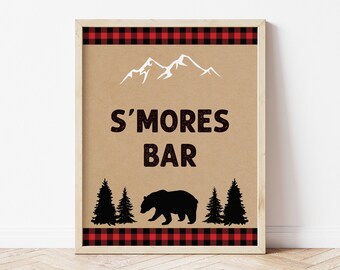 s'mores bar sign // lumberjack bear baby shower, lumberjack theme, woodland, buffalo plaid, baby boy, baby shower sign, printable signs