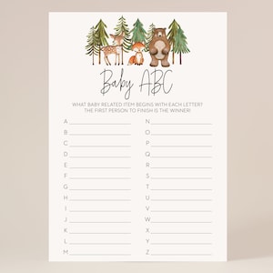 May include: A printable baby shower game with a woodland theme. The game is called "Baby ABC" and asks players to list baby-related items that start with each letter of the alphabet. The first person to finish wins.